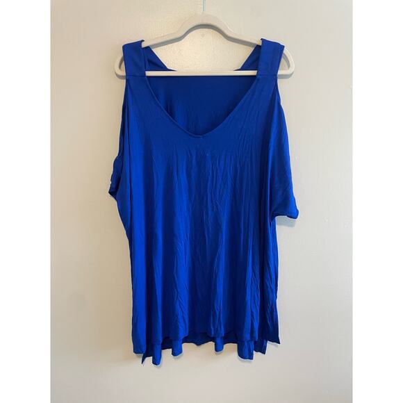 NWT $60 Cable & Gauge Size 1X Blue Cold Shoulder Top Blouse Short Sleeves - Picture 1 of 6